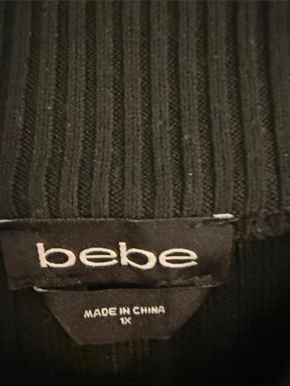 bebe Black Ribbed Long Sleeve Mock-Neck Top with Crystal Logo - Picture 2 of 3